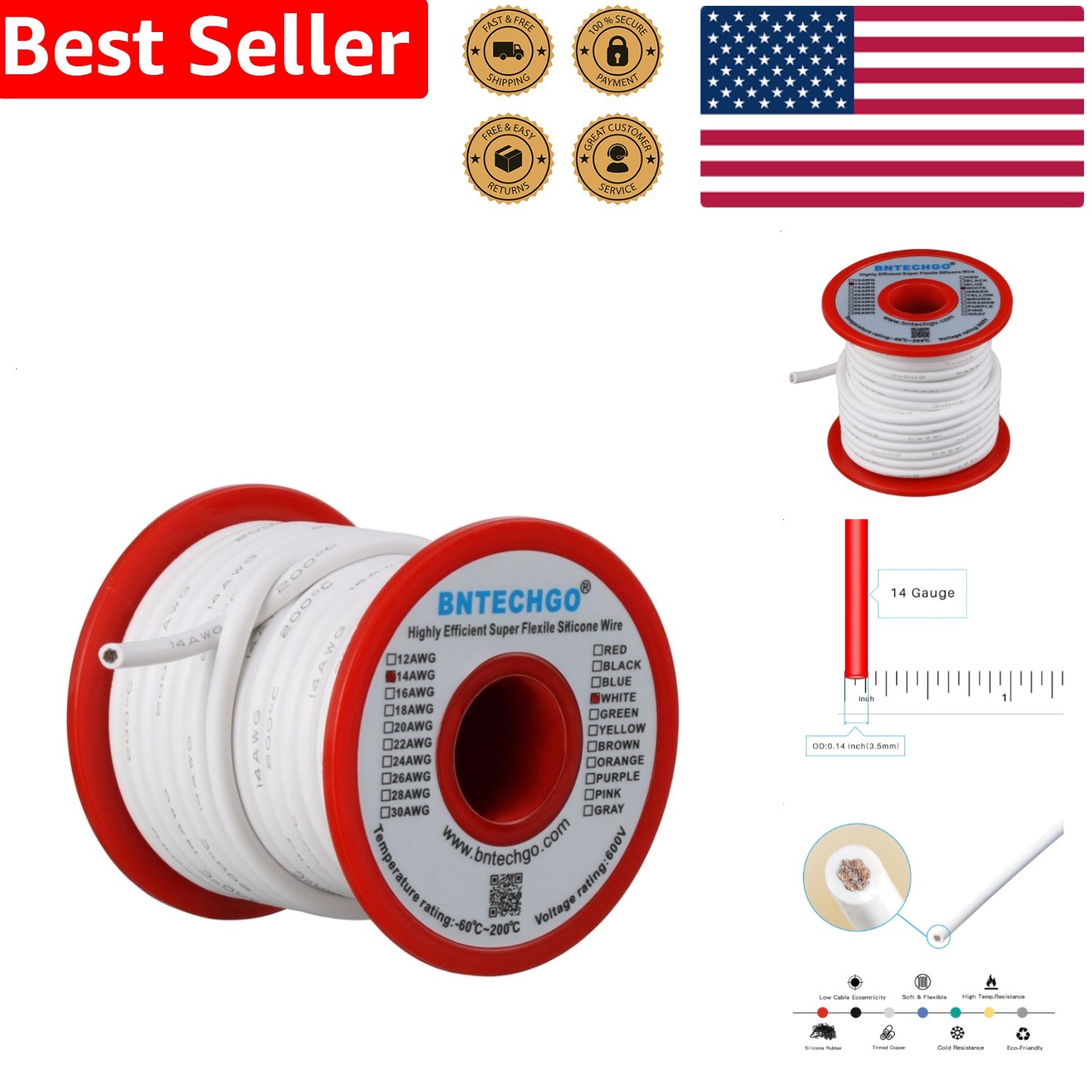 14 Gauge Silicone Wire 25ft White Highly Flexible Tinned Copper Cable
