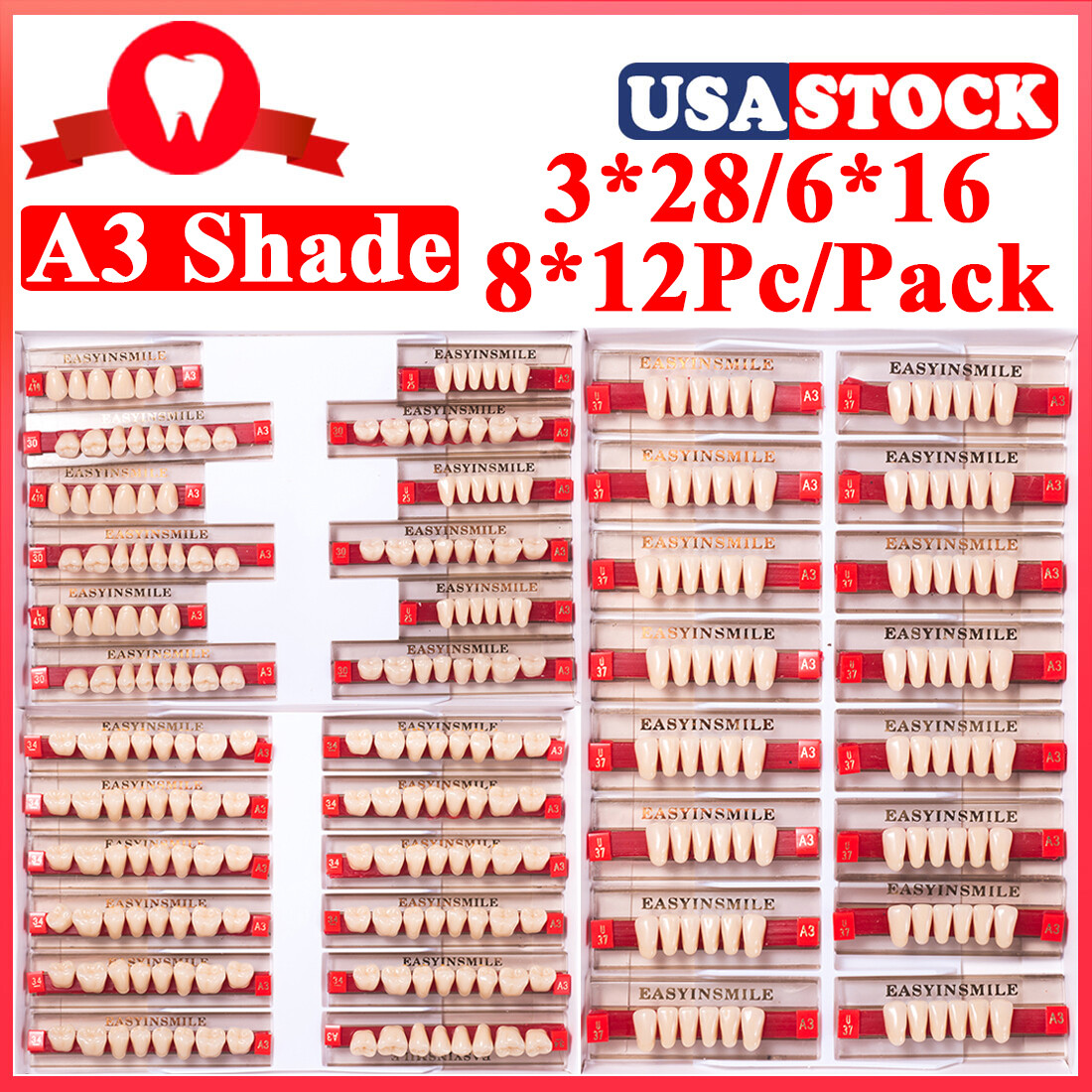 84/96Pcs Dental Acrylic Resin Denture False Teeth Upper Lower Full Set Shade A3