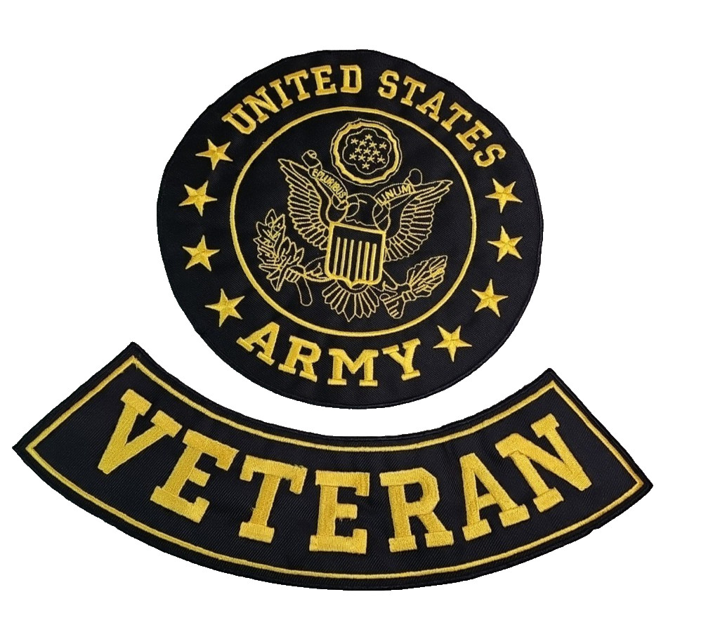 United States Army 9" Round Center Patch 8 Stars Gold on Black + Veteran Rocker