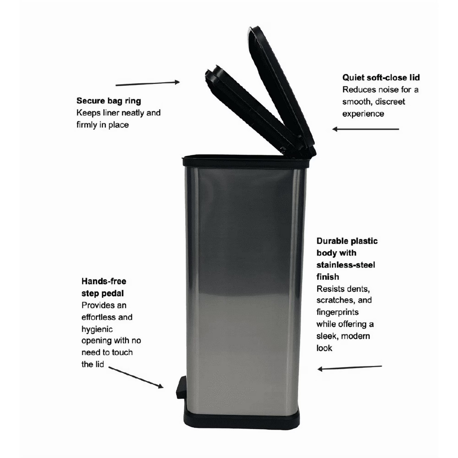 Mainstays Kitchen Trash Can, 13.2Gallon, Plastic Step-on Rectangular Garbage Bin