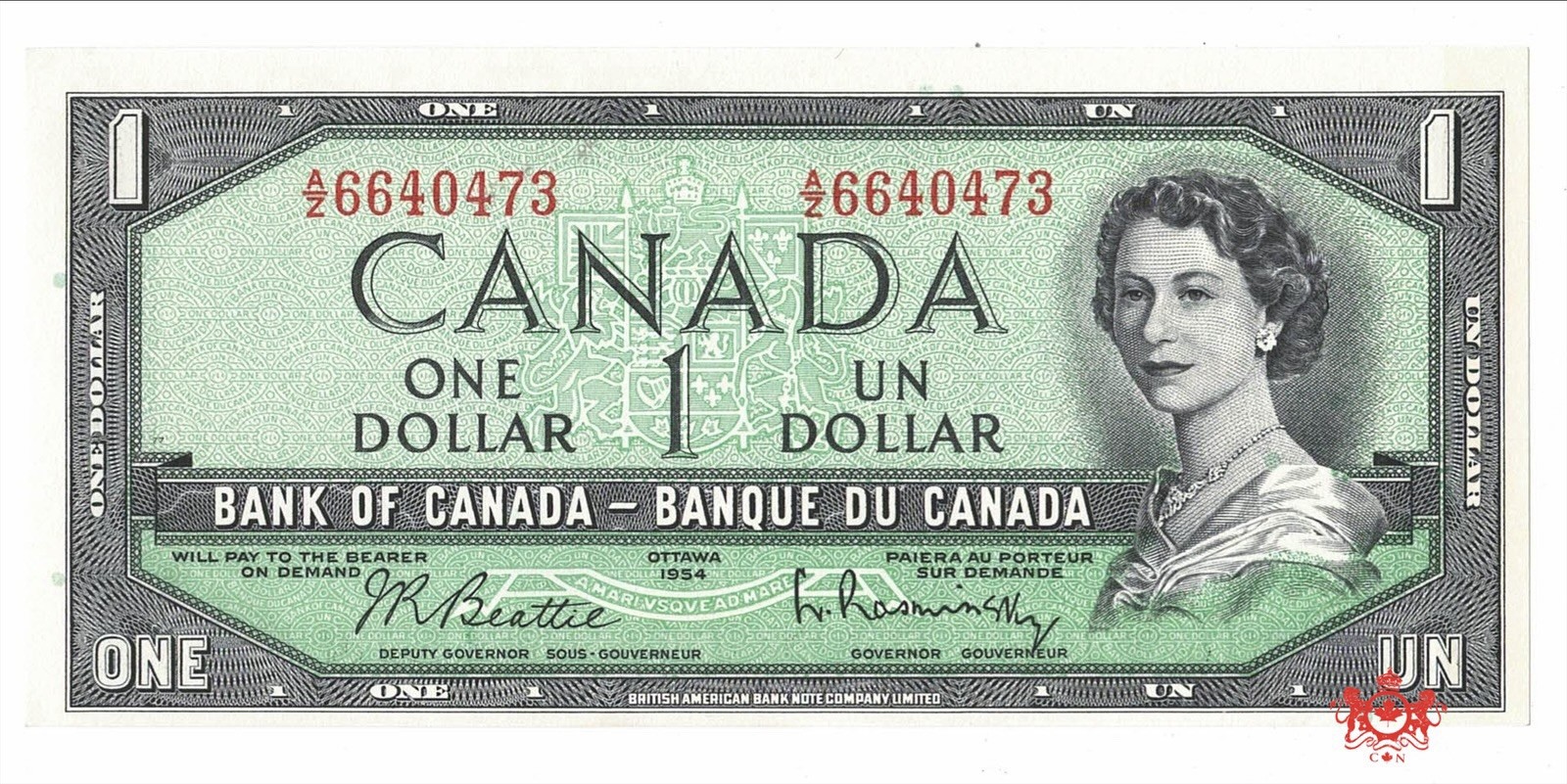 1954 Bank Of Canada 1$ Modified Beattie/Rasminsky A/Z6640473 - CHunc -