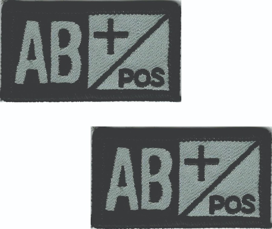 AB+ AB Positive Blood Type Patch 1" x 2" Hook Back Grey Black Set of 2