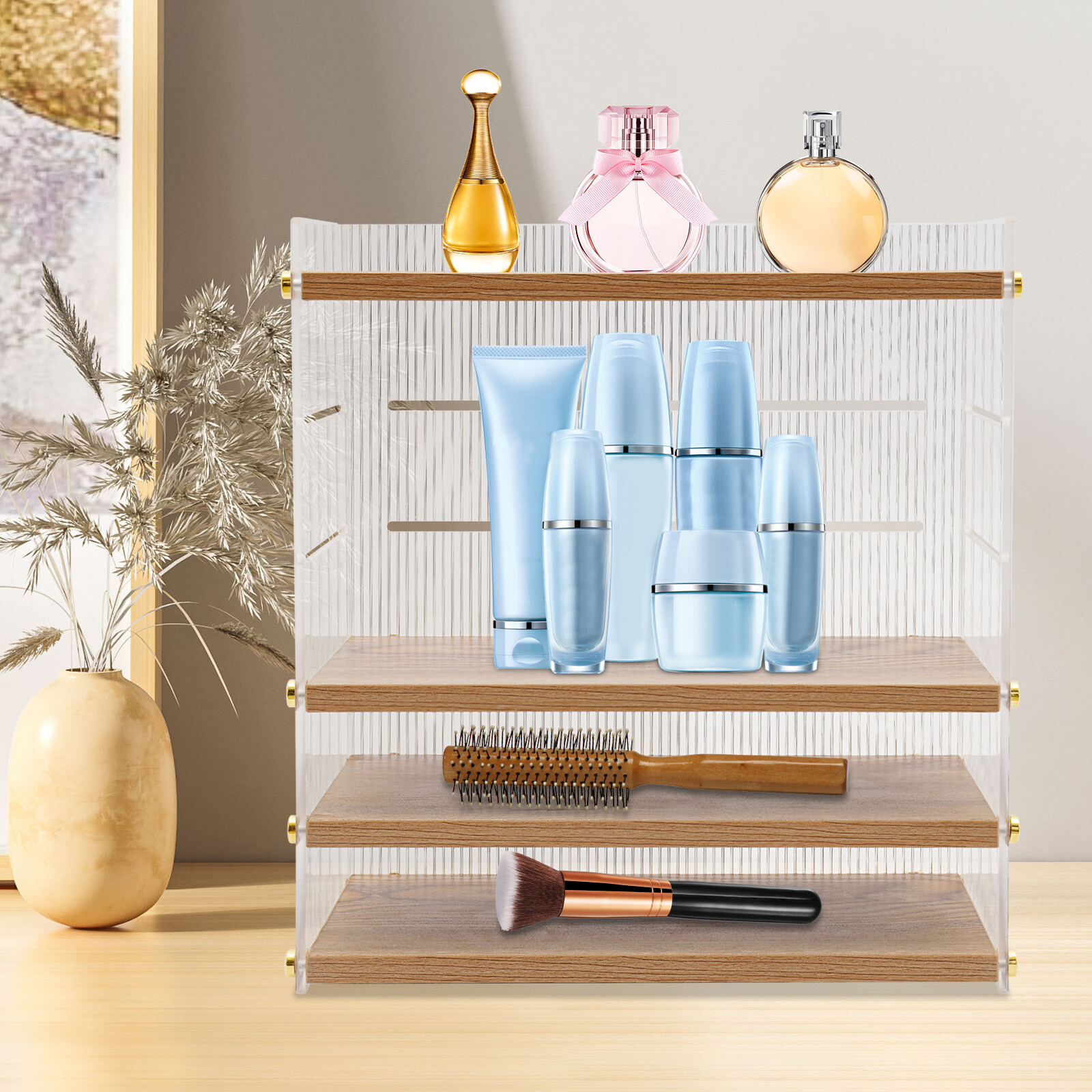4 Tier Desk Organizer, Desktop Storage Cabinet, Storage Box Wood, Clear New New