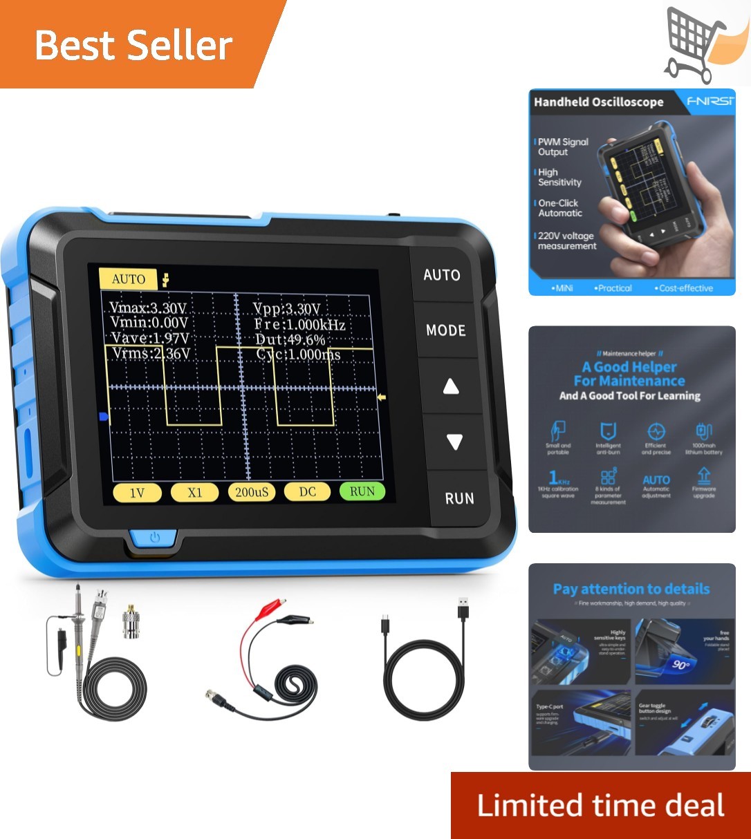 Handheld Digital Oscilloscope 2.8 inch TFT 200KHz Bandwidth Portable Pocket