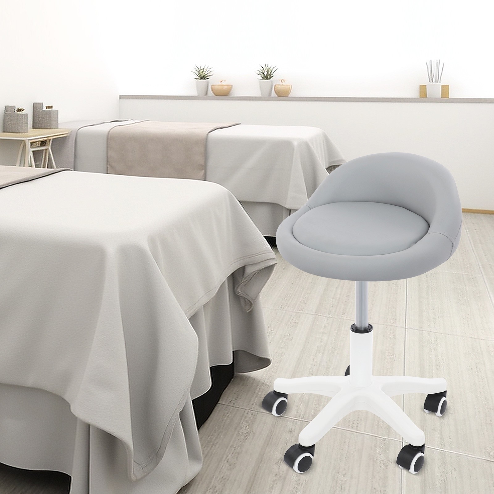 Gray Adjustable Beauty Salon Chair Rolling Stool with Low Backrest Floorstanding