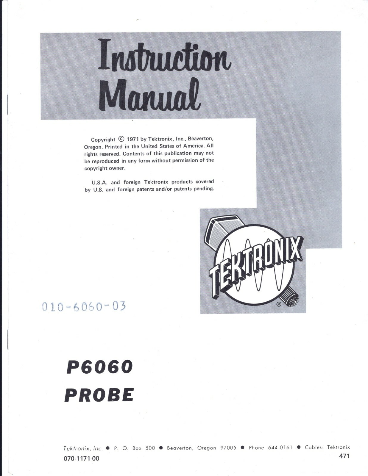 Original Tektronix P6060 Probe Instruction Manual 070-1171-00