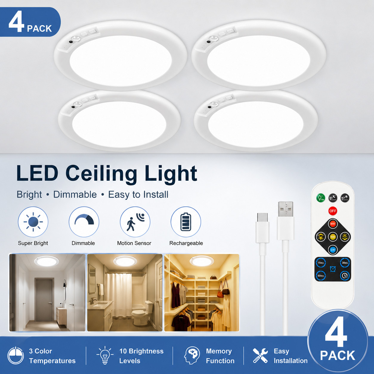 4 Pack Rechargeable Motion Sensor Ceiling Light 8000mAh Wireless Closet Light