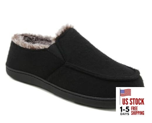 Men's Slip On Moccasin Slippers Comfy Memory Foam House Shoes 10 Black Plaid