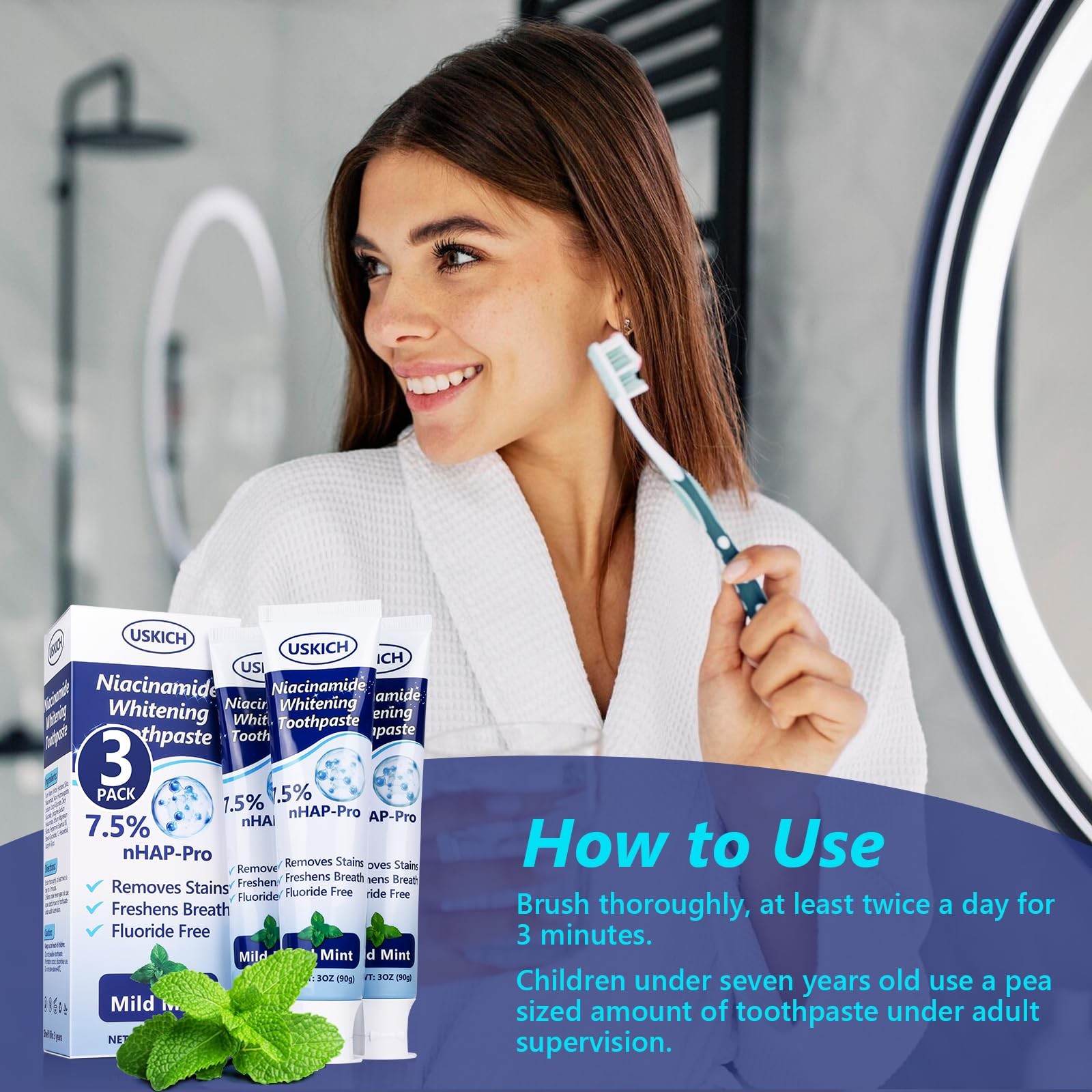 7.5% Nano Hydroxyapatite Toothpaste 3 Pack Whitening Natural Peppermint Fluoride