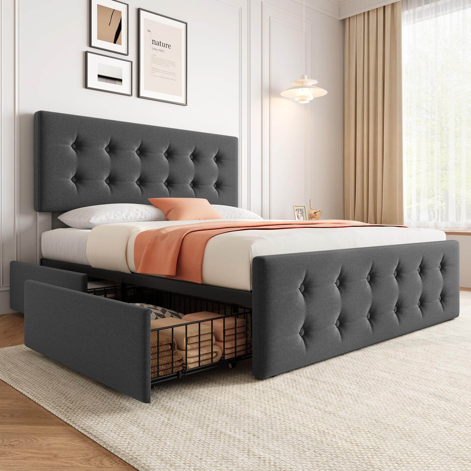 Full Size Bed Frame Dark Grey Linen Upholstered Platform Bed Frame, Button Tufte