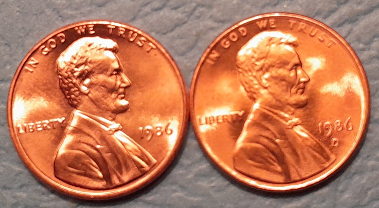 1986 P&D Brilliant Uncirculated Lincoln Cents(2 coins) Ships Free. BU condition.