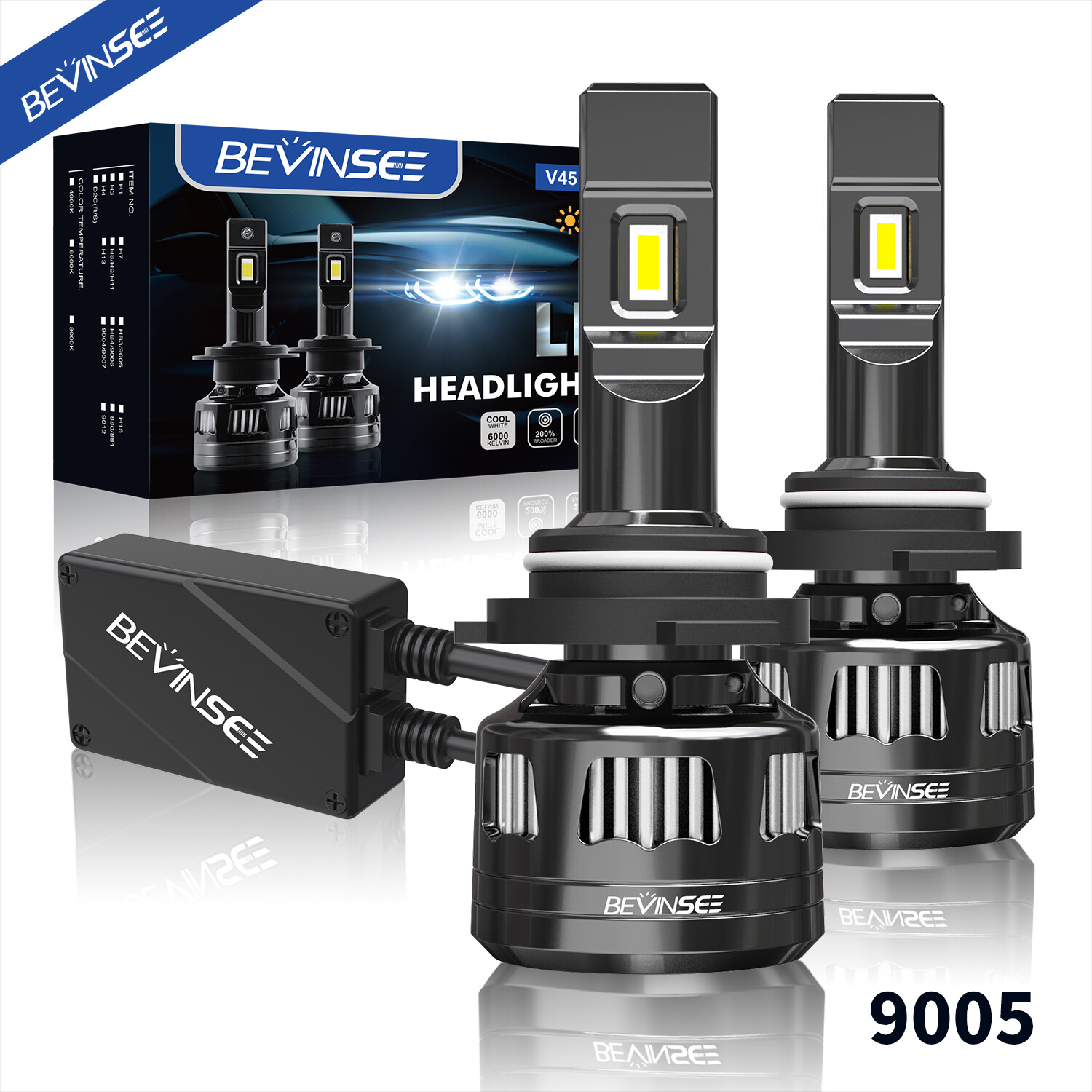 Bevinsee 9005 HB3 LED Headlight Bulbs Kit High/Low Beam White Light 120W 22000LM