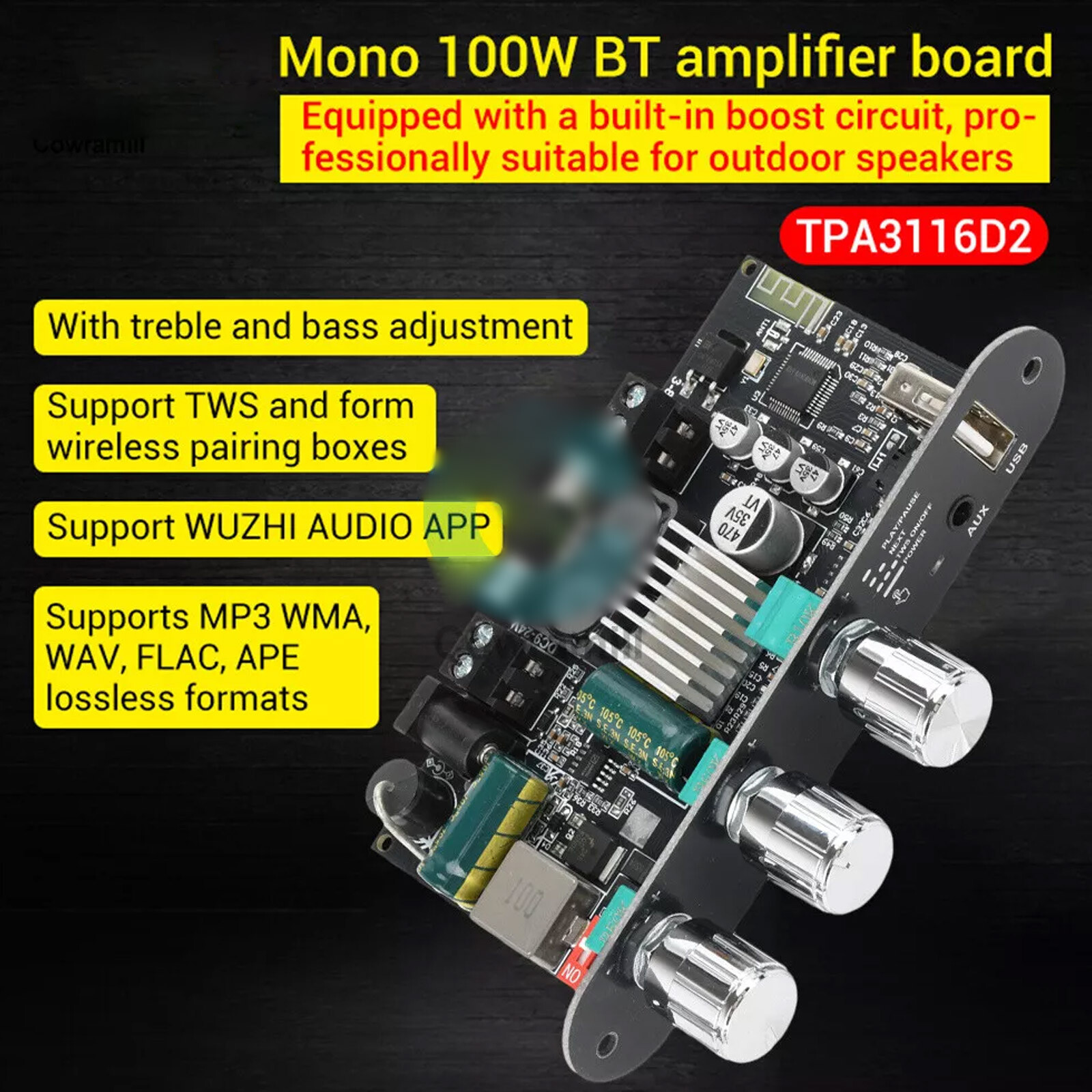 100W Mono Bluetooth Audio Power Amplifier Module Bass Treble Adjustable