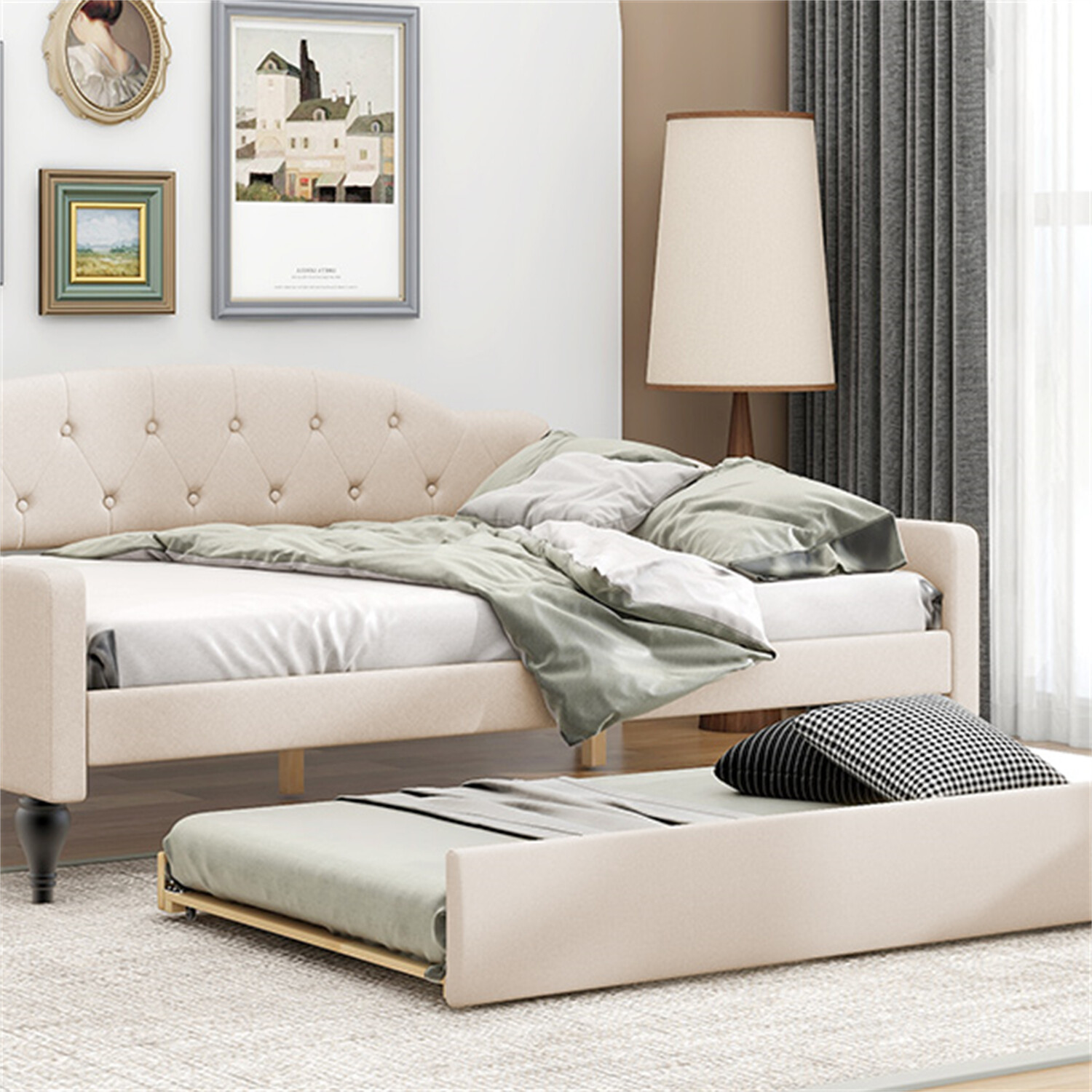 Full Size Daybed with Pull Out Trundle Bed Upholstered Bed Frame Sofa Bed Beige