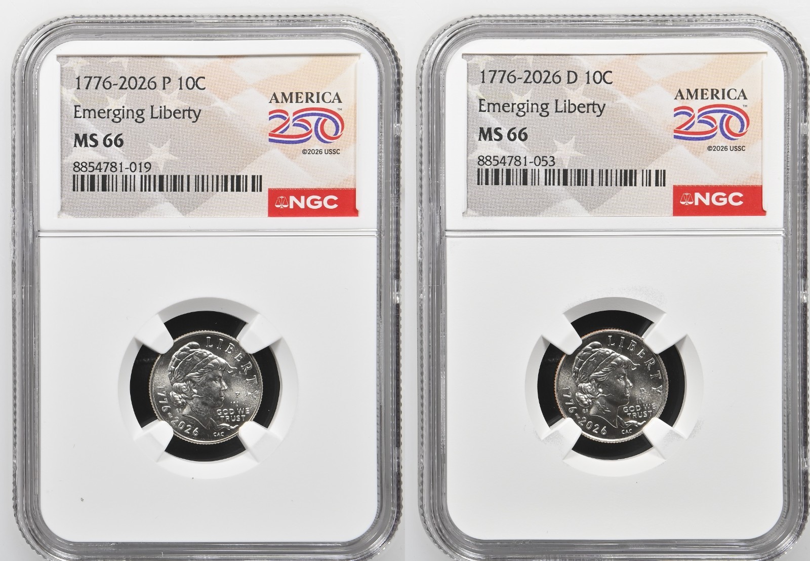 2026 P/D Emerging Liberty Dime Set Graded NGC MS-66 w/ America 250 Label