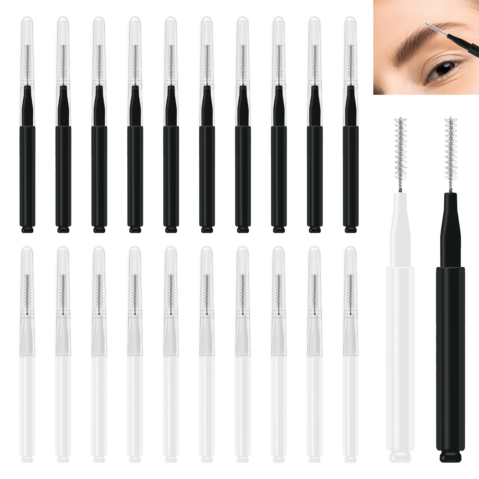20 PCS Brow Lamination Micro Eyebrow Brush Spoolies Cap 10 Black 10 White