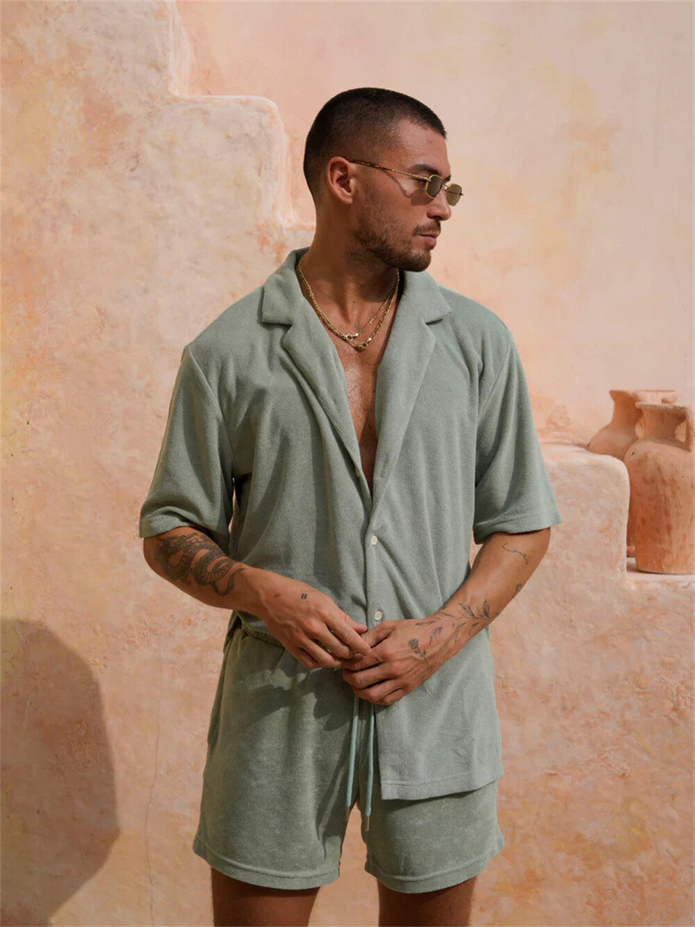 Mens Tracksuit 2-Piece Set Short Sleeve T Shirts Shorts Sweatsuit Outfit Set