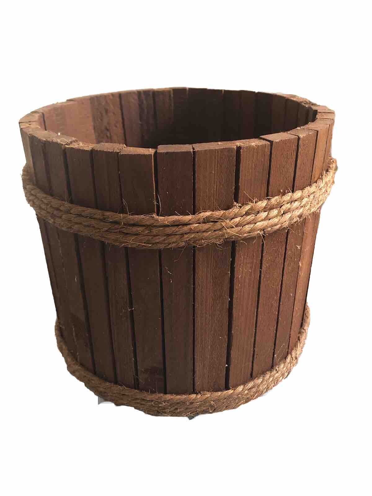 Vintage Wood Planter Slat Trivet Barrel With Rope Rustic Farmhouse 9” Diameter