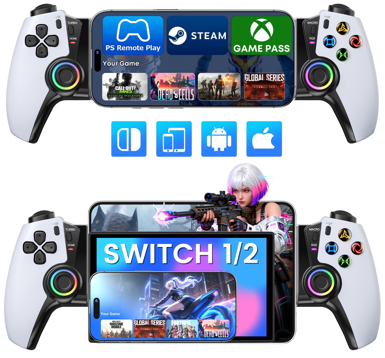 One-Piece Handheld Game Controller for Nintendo Switch 1/2/OLED,Android/iPhone