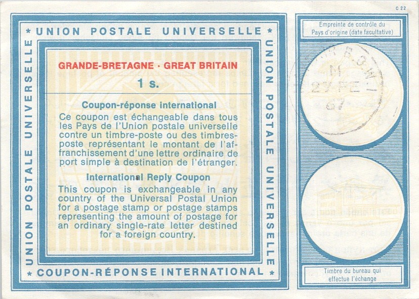 Great Britain 1 Shilling Universal Postal Union Reply Coupon Currency Paper