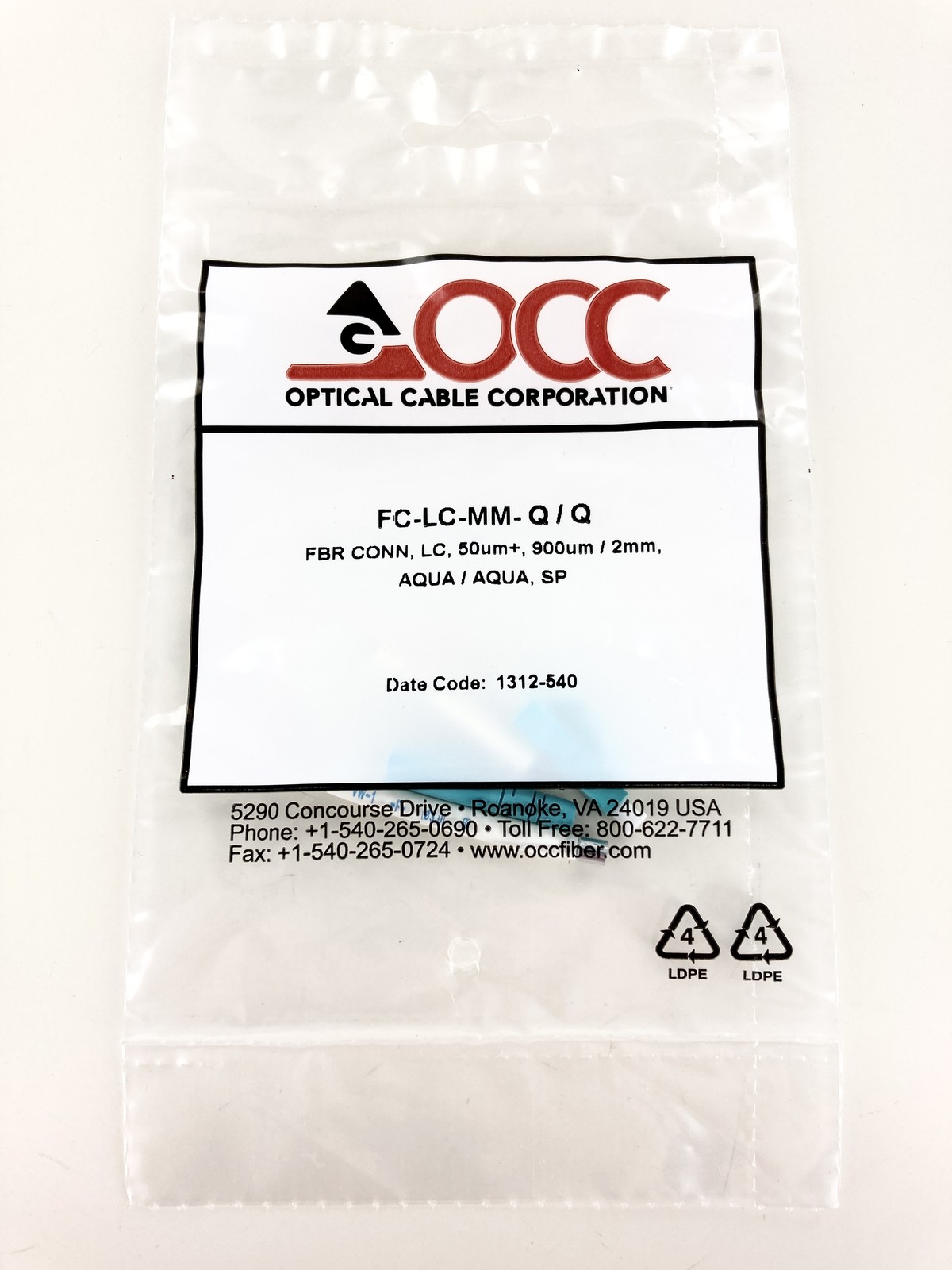 OCC FC-LC-MM-Q-Q Fiber Connector LC 50um+, 900um, Aqua