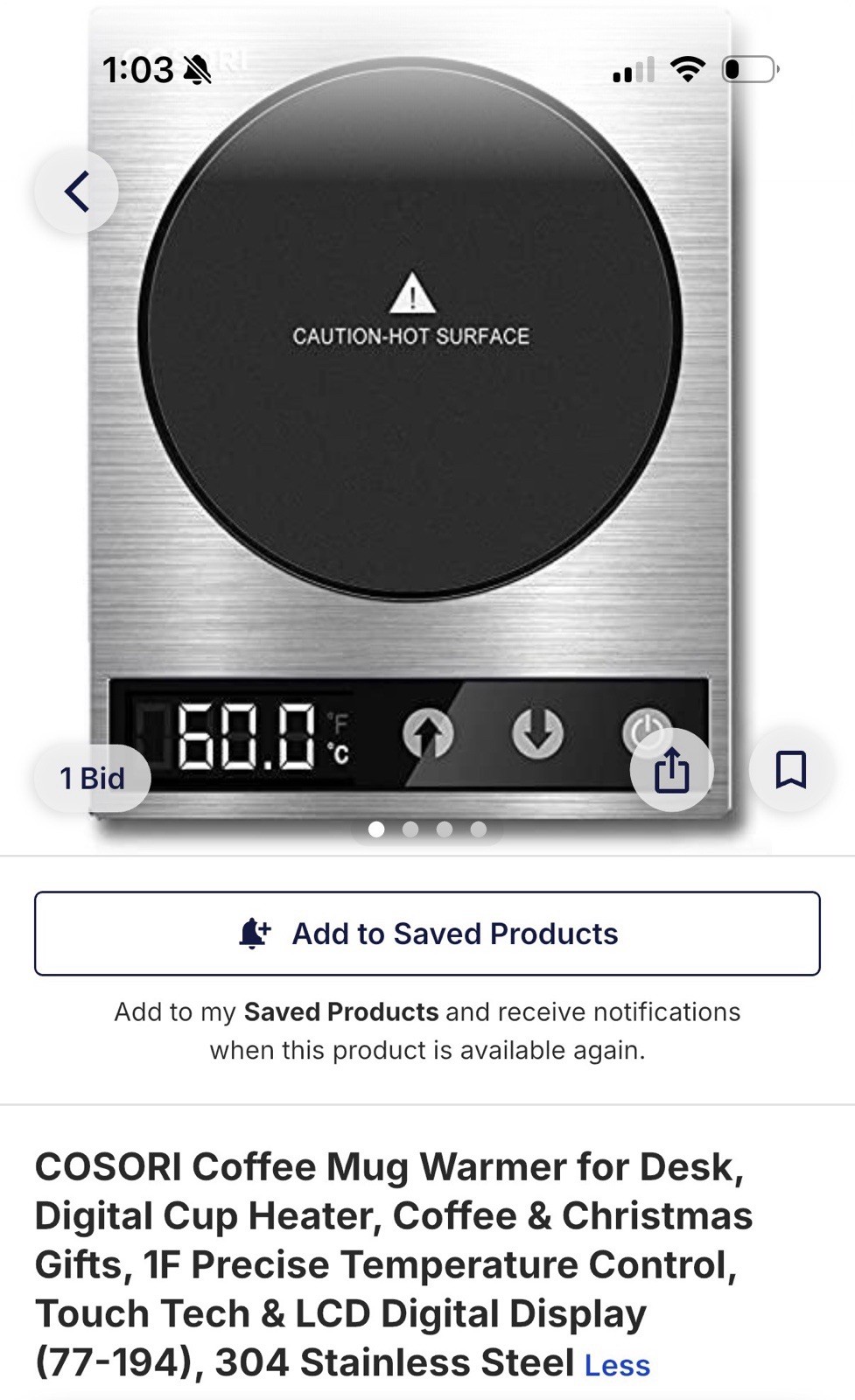 COSORI Mug Warmer, Digital Display, Temp Control, Stainless Steel