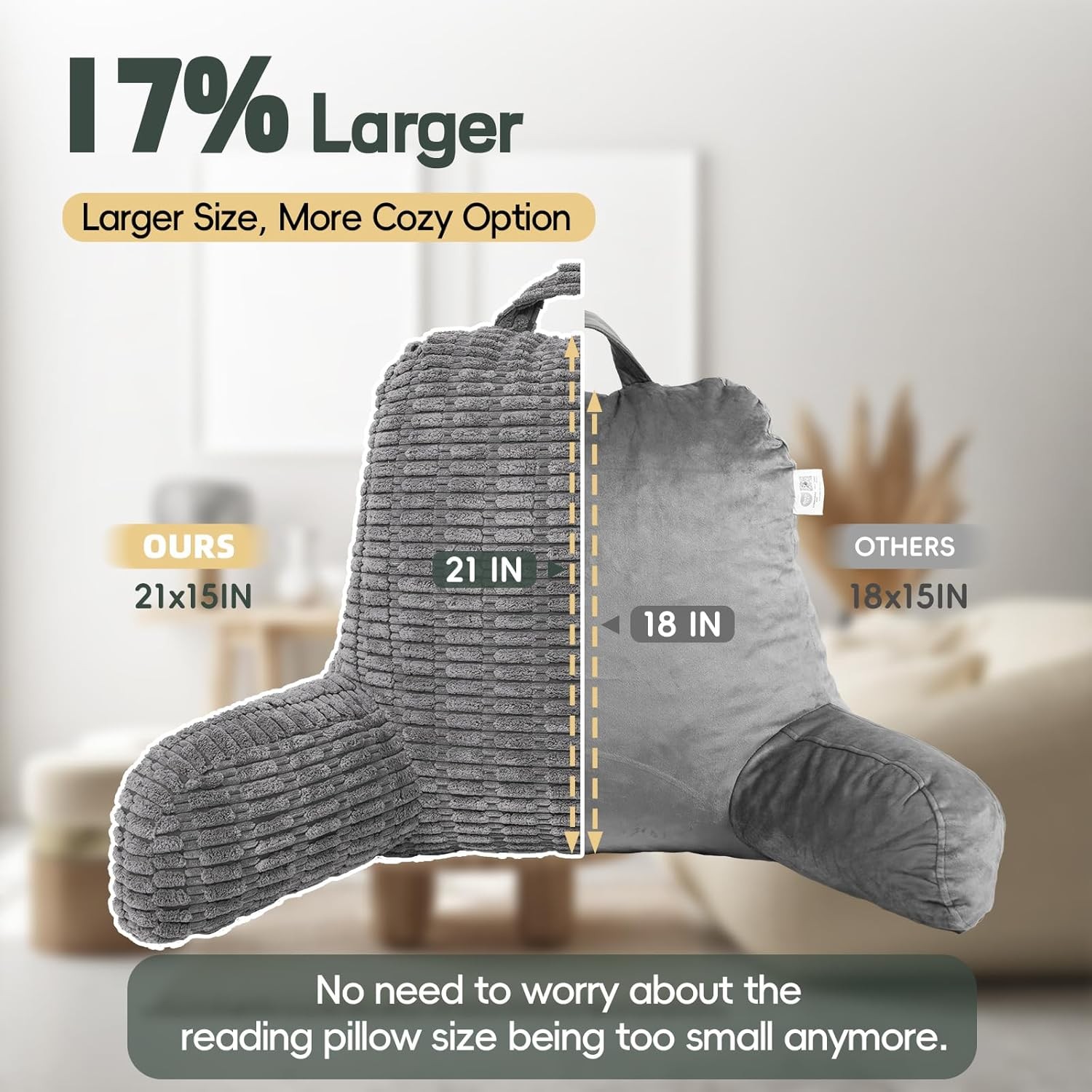 21 Inch Large Reading Pillow Memory Foam Back Support With Arm Rest Gray