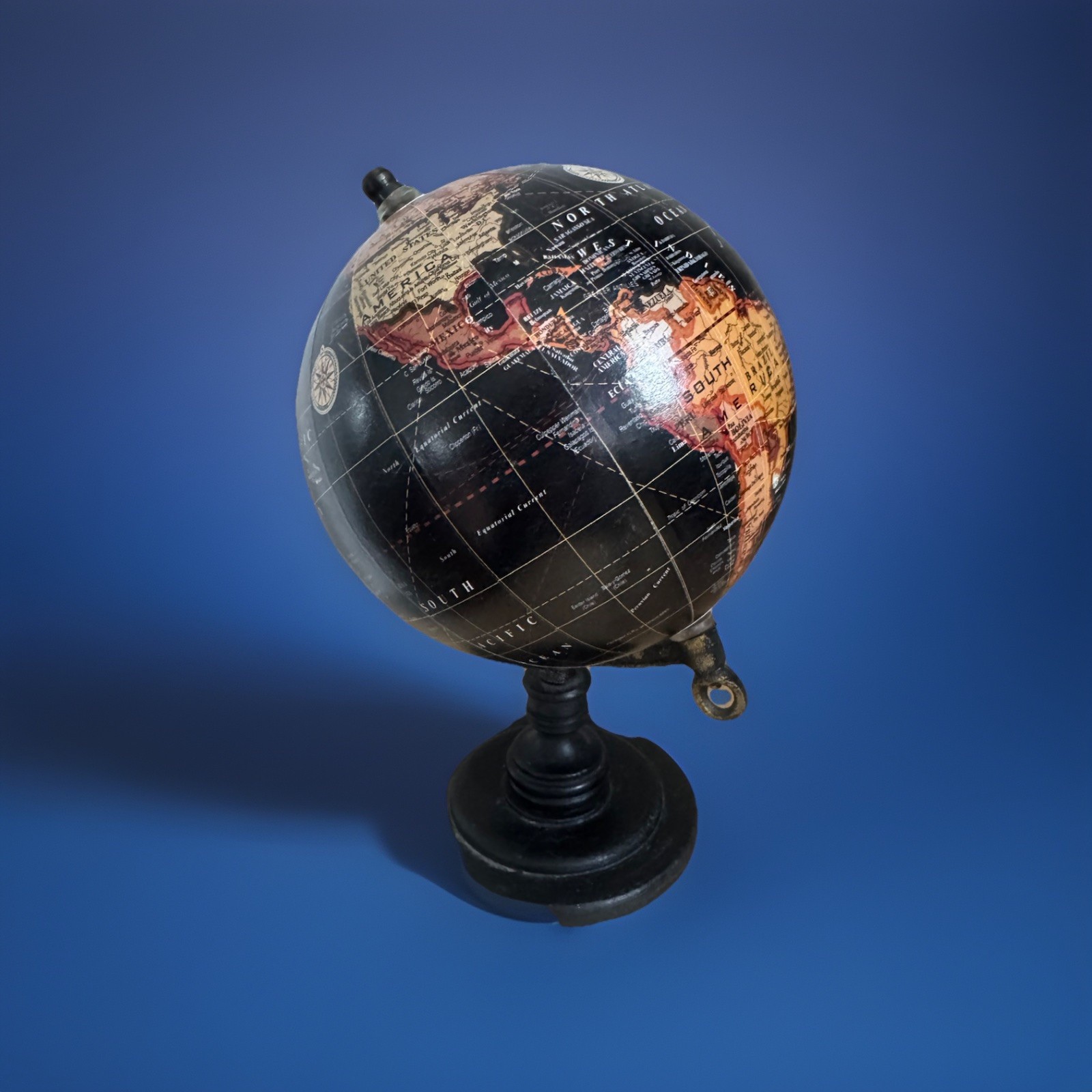 Decorative Table Top Spinning Globe W/ Black Details Measures 8” Tall