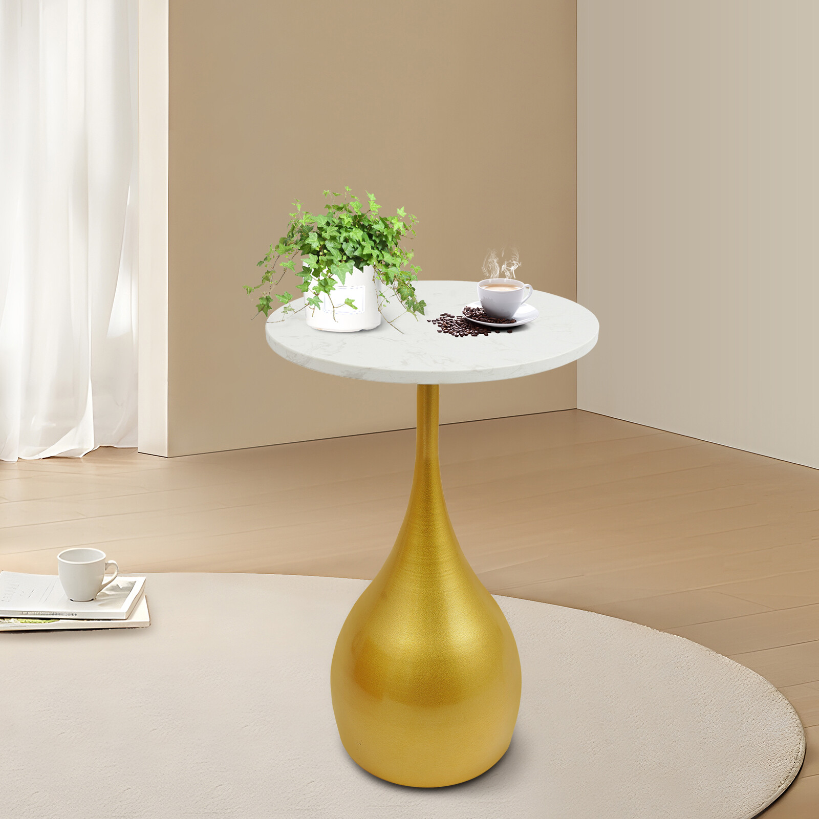13.78 Inch Marble Sofa Side Table Modern Round Accent Table For Small Spaces