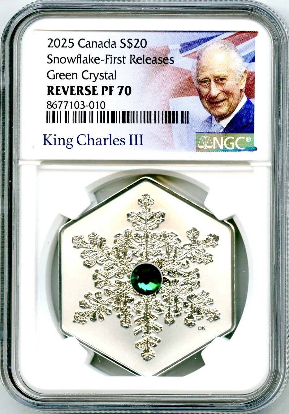 2025 $20 CANADA 1OZ SILVER PROOF NGC PF70 SNOWFLAKE GREEN CRYSTAL FIRST RELEASES