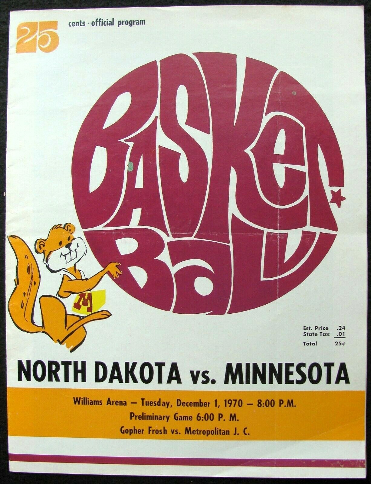 1970 MINNESOTA GOPHERS V. NORTH DAKOTA BASKETBALL GAME PROGRAM @ WILLIAMS ARENA