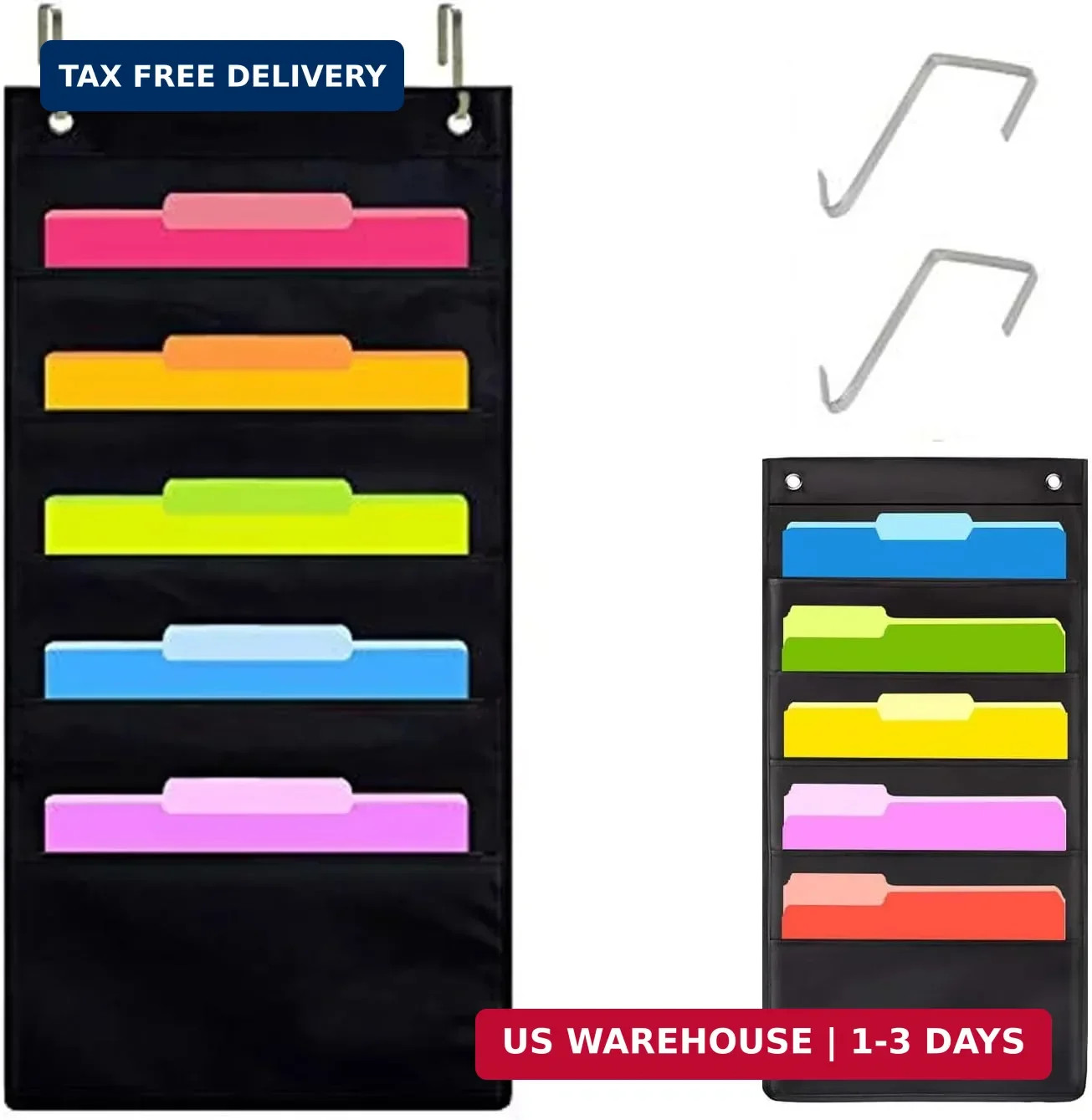 Hanging Wall File Organizer, 5 Pocket, Black Wall Storage Pocket Charts with 2 H