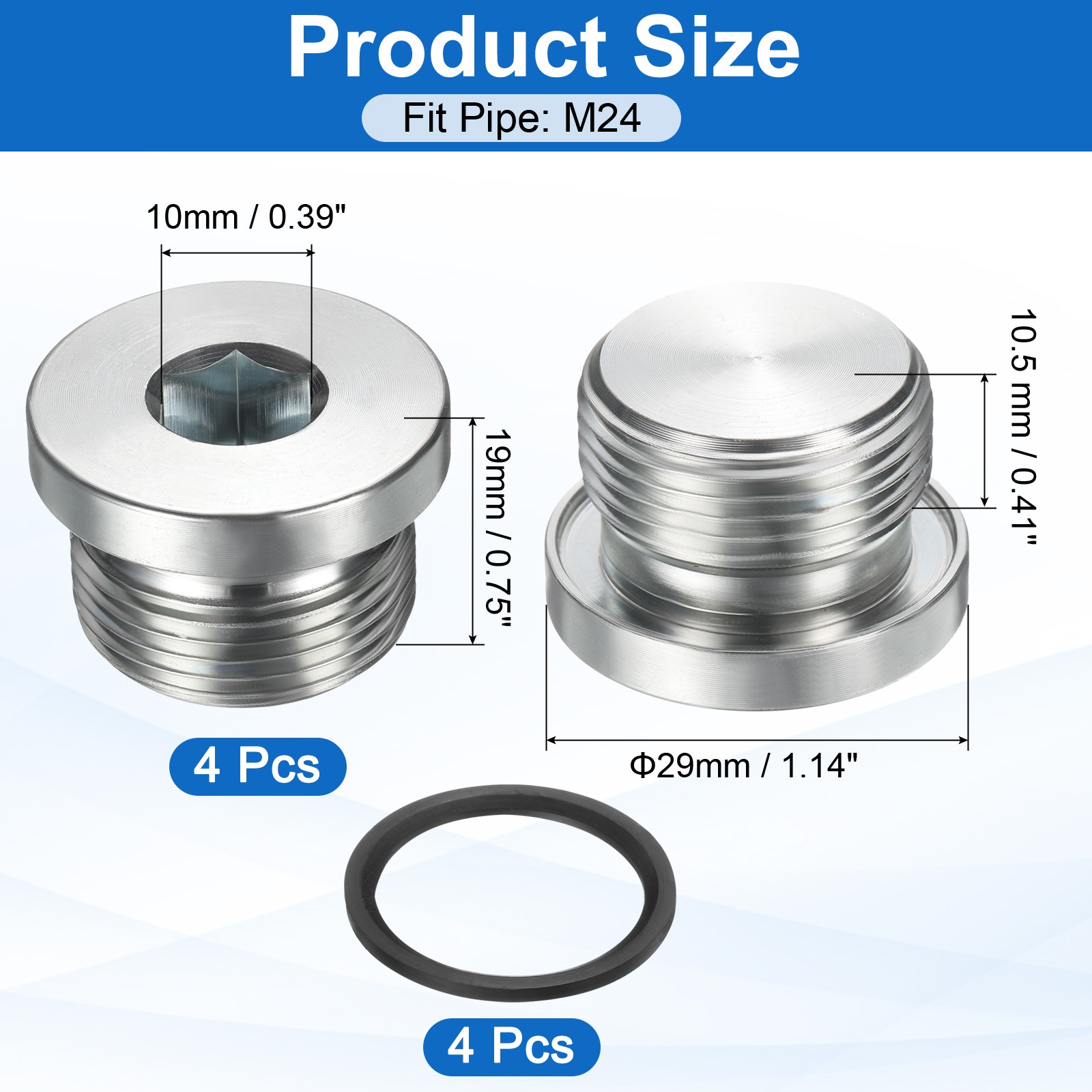 4Pcs M24x2 Carbon Steel Inner Hex Head Pipe Fitting Plug with O-Ring