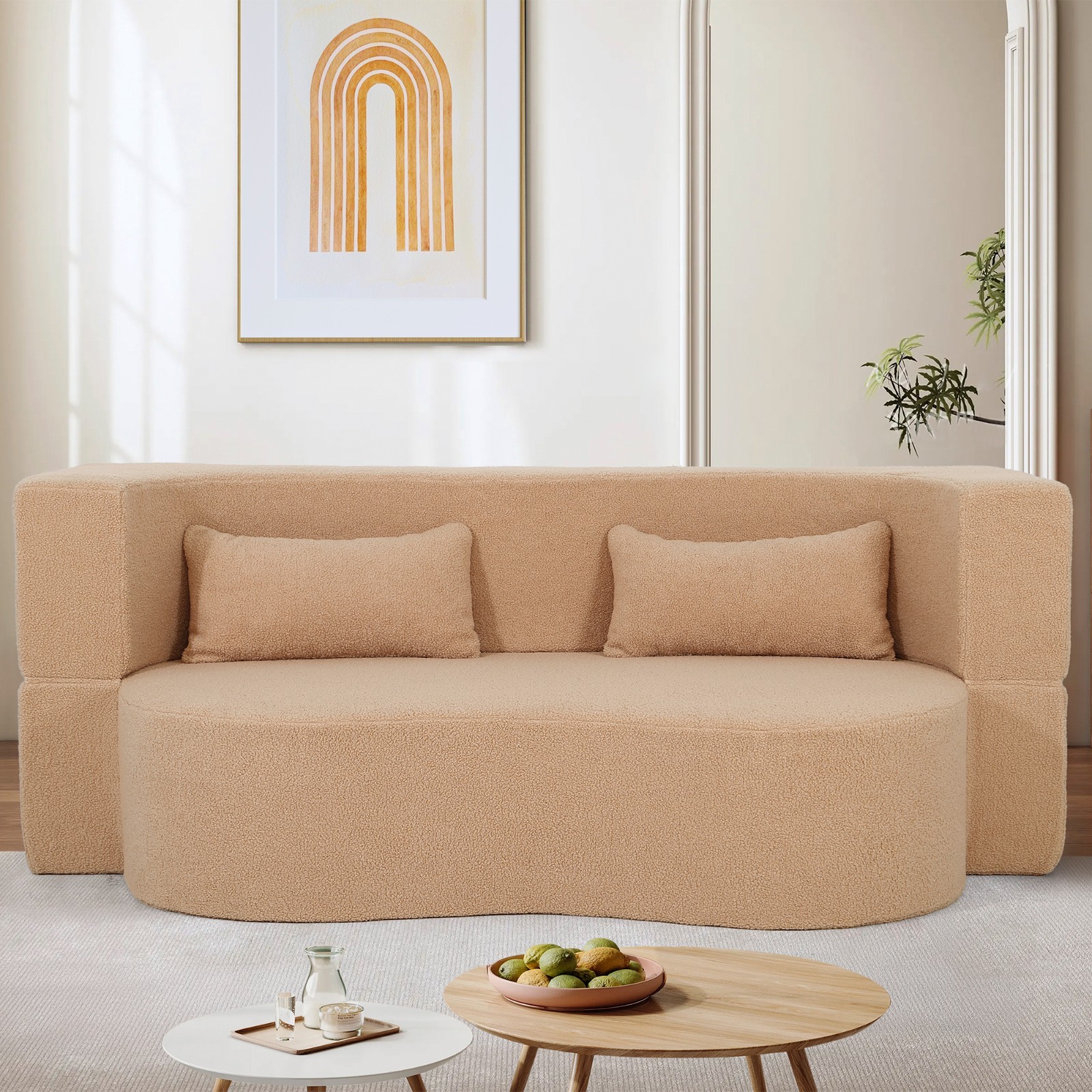 2 in 1 Convertible Sofa Bed Full Size Folding Couch Teddy Loveseat with 2 Pillow