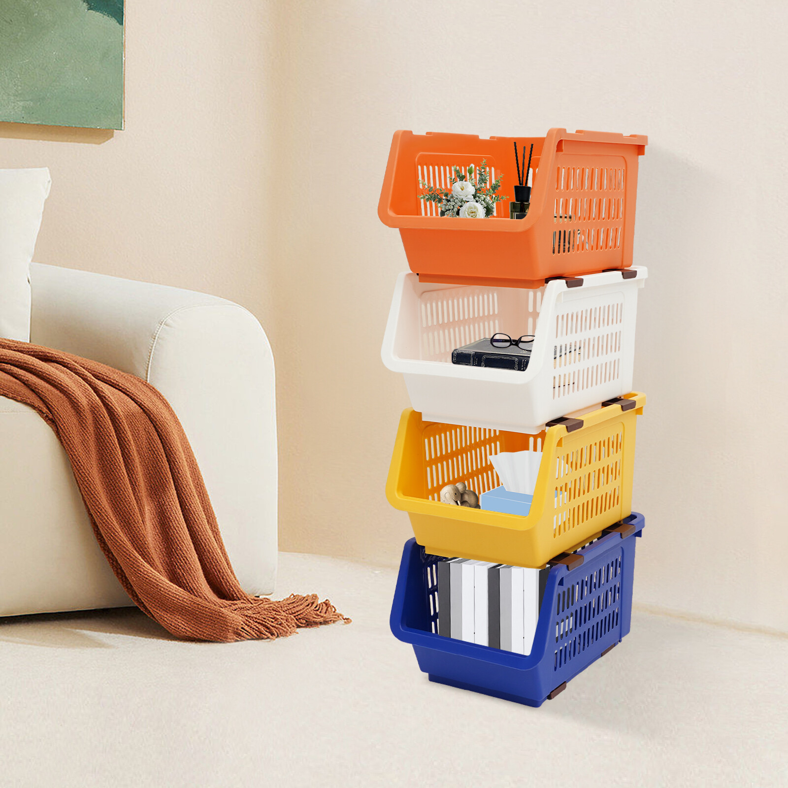 4 PCS Stacking Storage Baskets Stackable Organizing Bins Household Holding Cases