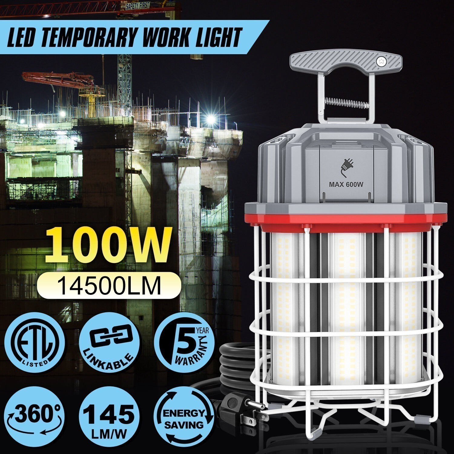 100W LED Temporary Construction Lights-Linkable Work Light 14500LM with US Plug