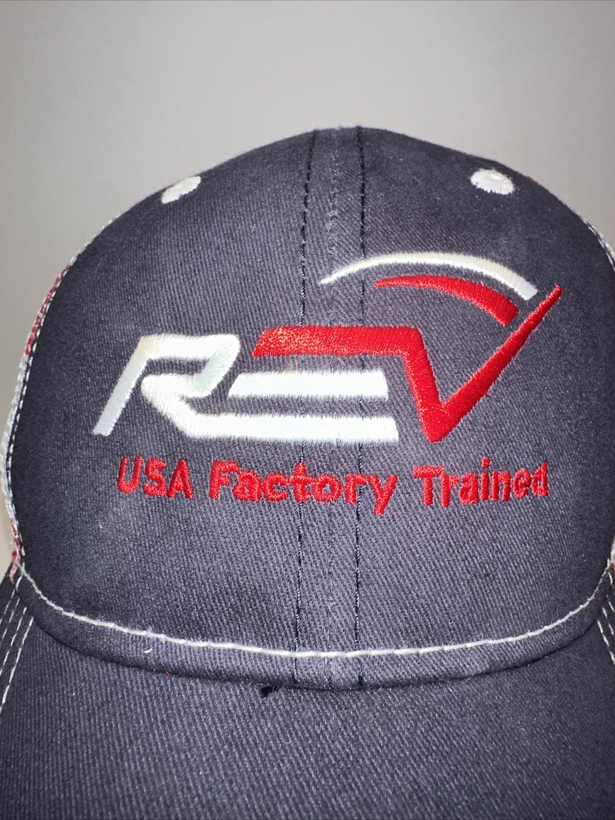 REV USA Factory Trained Hat Cap Navy w Flag Mesh Hook Loop Unique