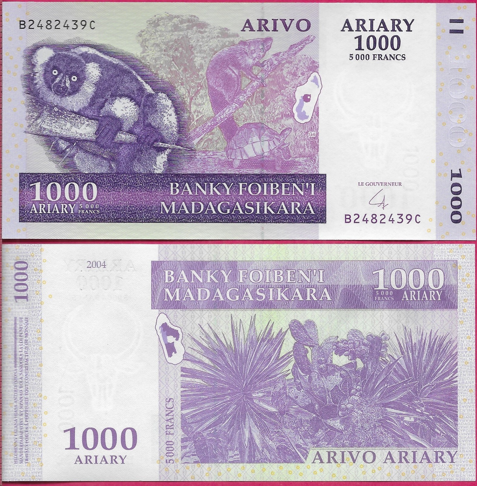 MADAGASCAR 1000 ARIARY 2004 UNC B-C,LEMUR ON TREE BRANCH AT LEFT,CACTUS AND SISA
