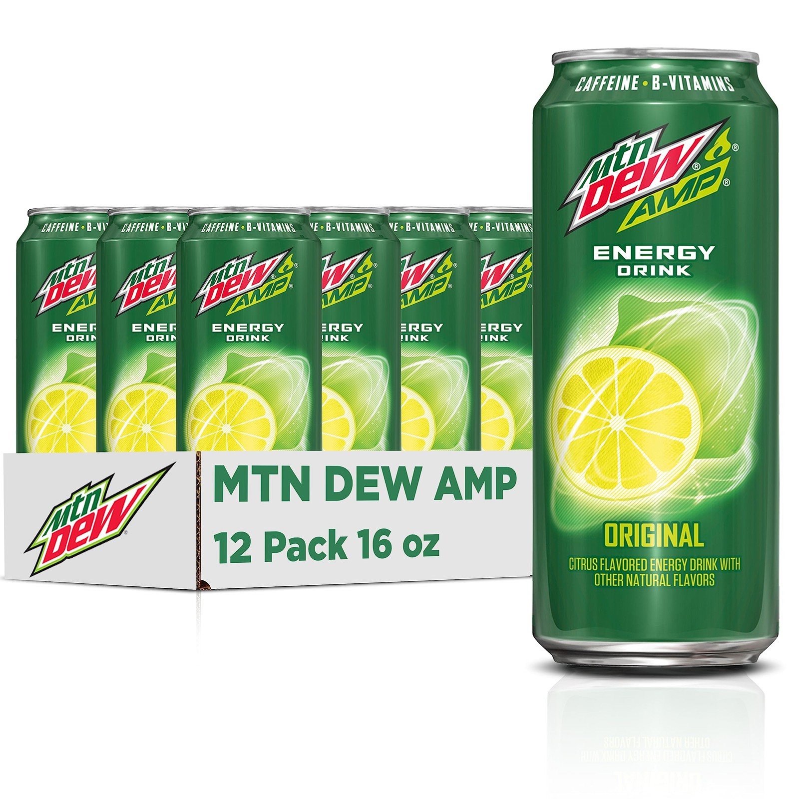Mtn Dew AMP Energy, Original, Energy Drink with 16 Fl Oz (Pack of 12), Yellow