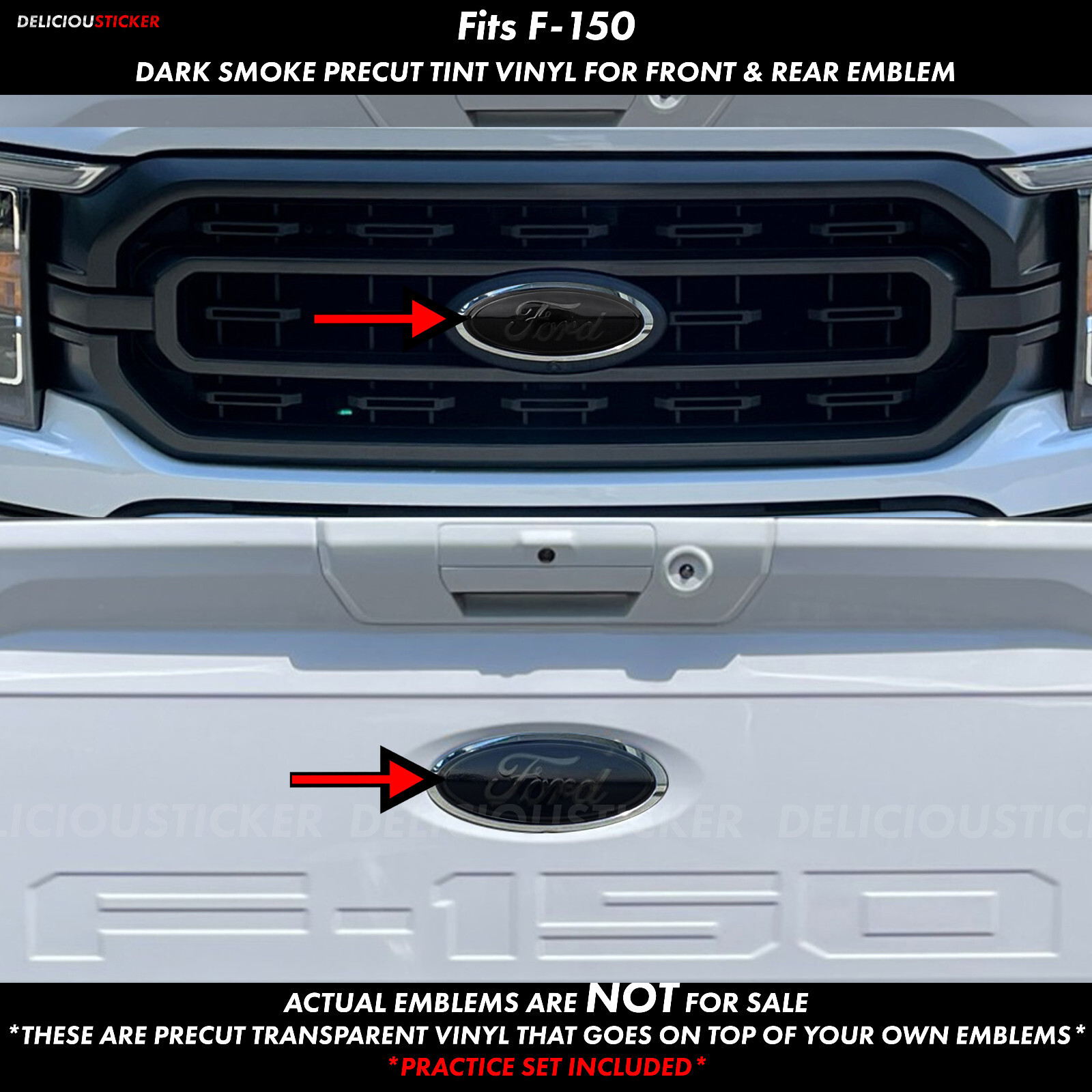 For 2021-2023 Ford F-150 SMOKE Ppf Front Rear Emblem Set Tint Vinyl Insert Decal