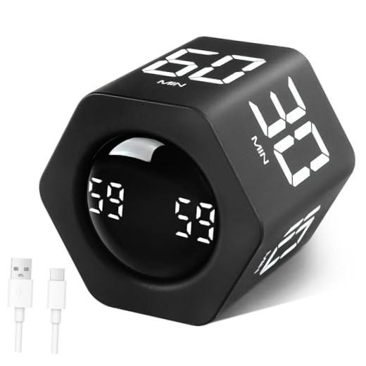 Rotating Pomodoro Timer 1 5 10 30 60 Min Preset, Hexagon ADHD Flip Black