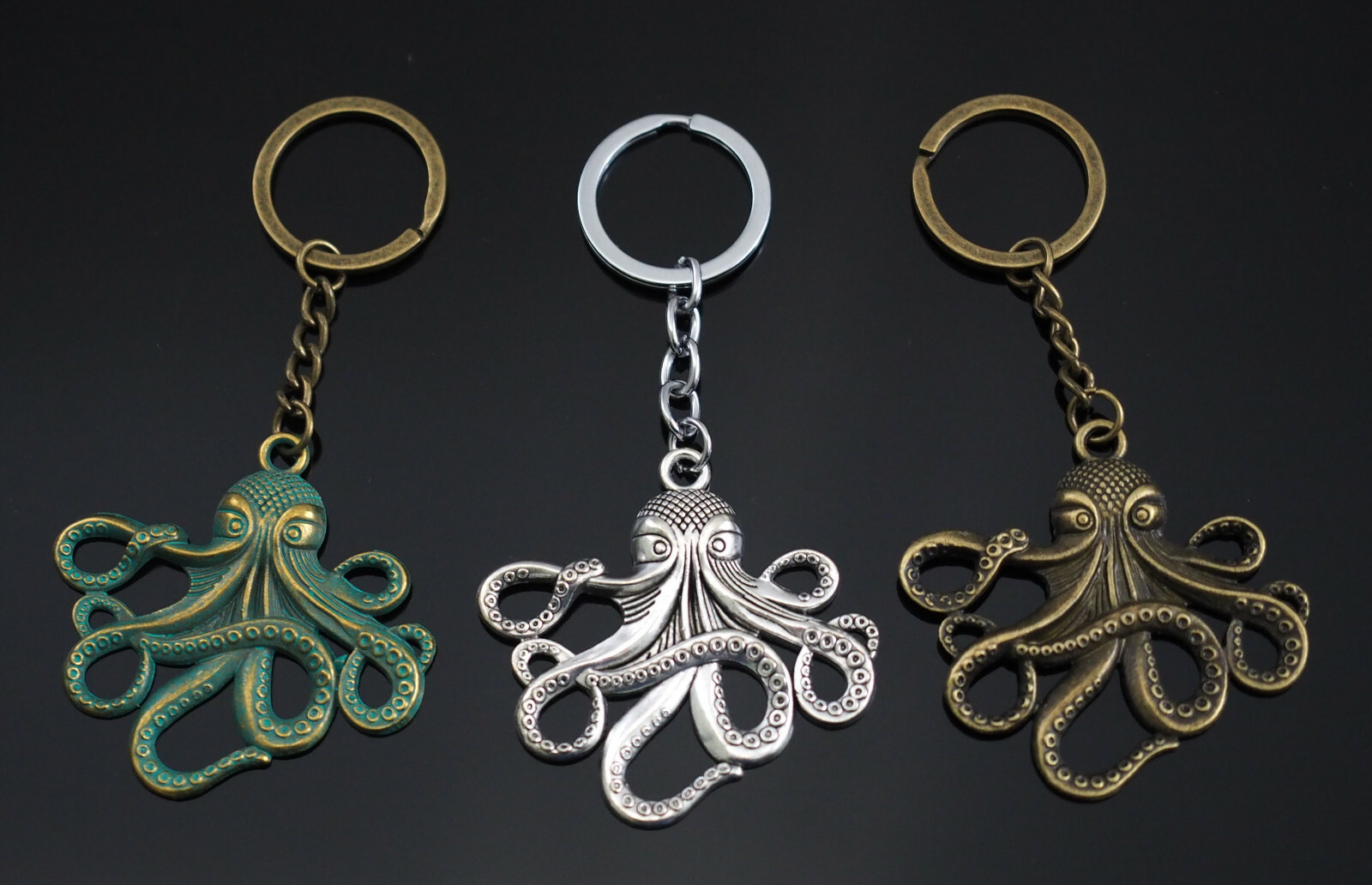 3 Pack - Octopus Tentacles Silver Bronze Green Patina Pendant Keychain Key Chain