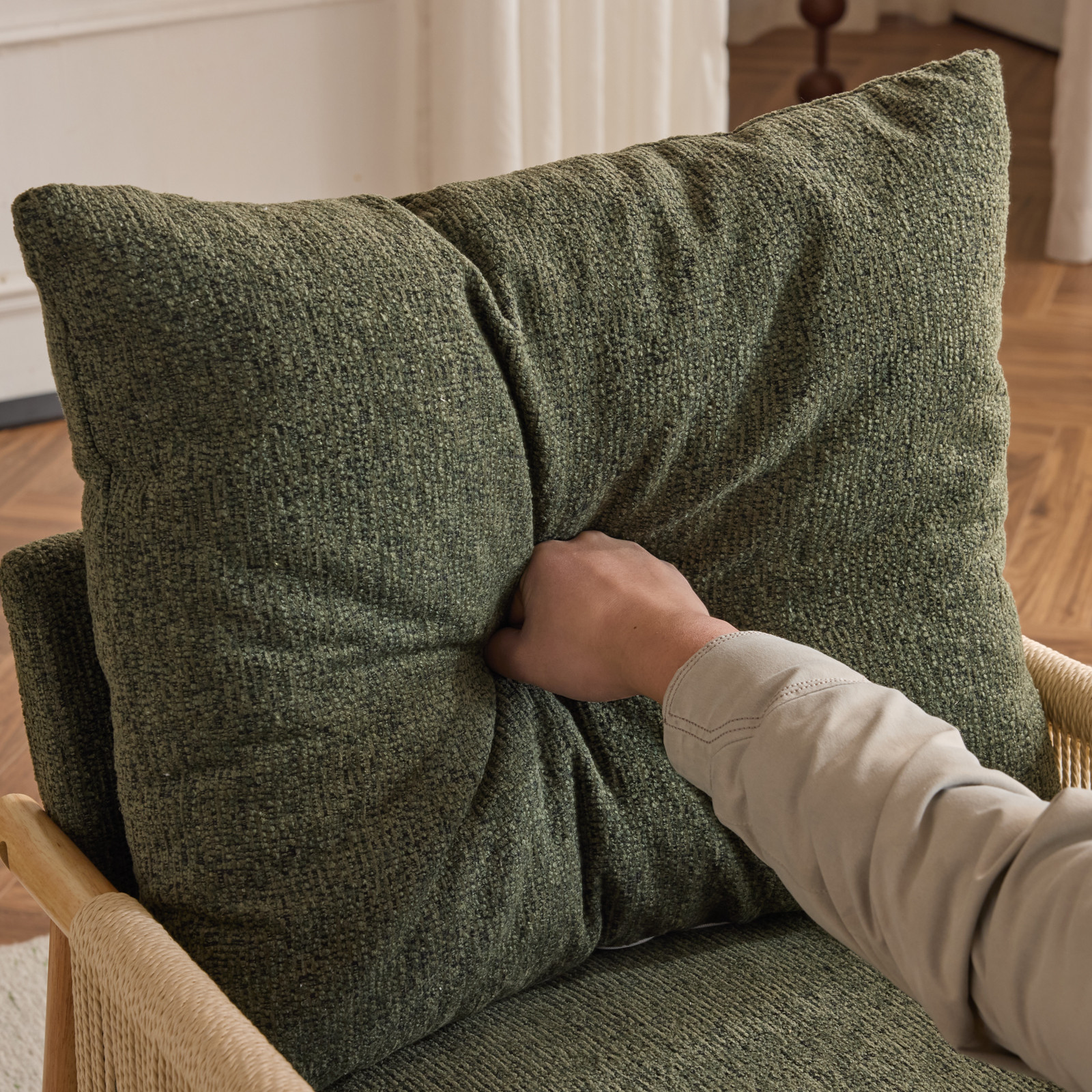 LEADZM Braid Accent Chair, Mid-Century Armchiar with Natural Oak Wooden Armrest