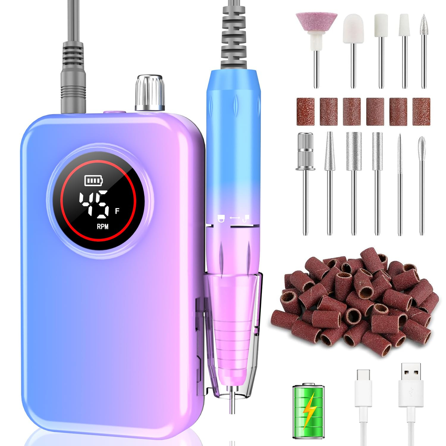 Nail Drill Professional, 45000 RPM Rechargeable Electric Nail File Kit for Acryl