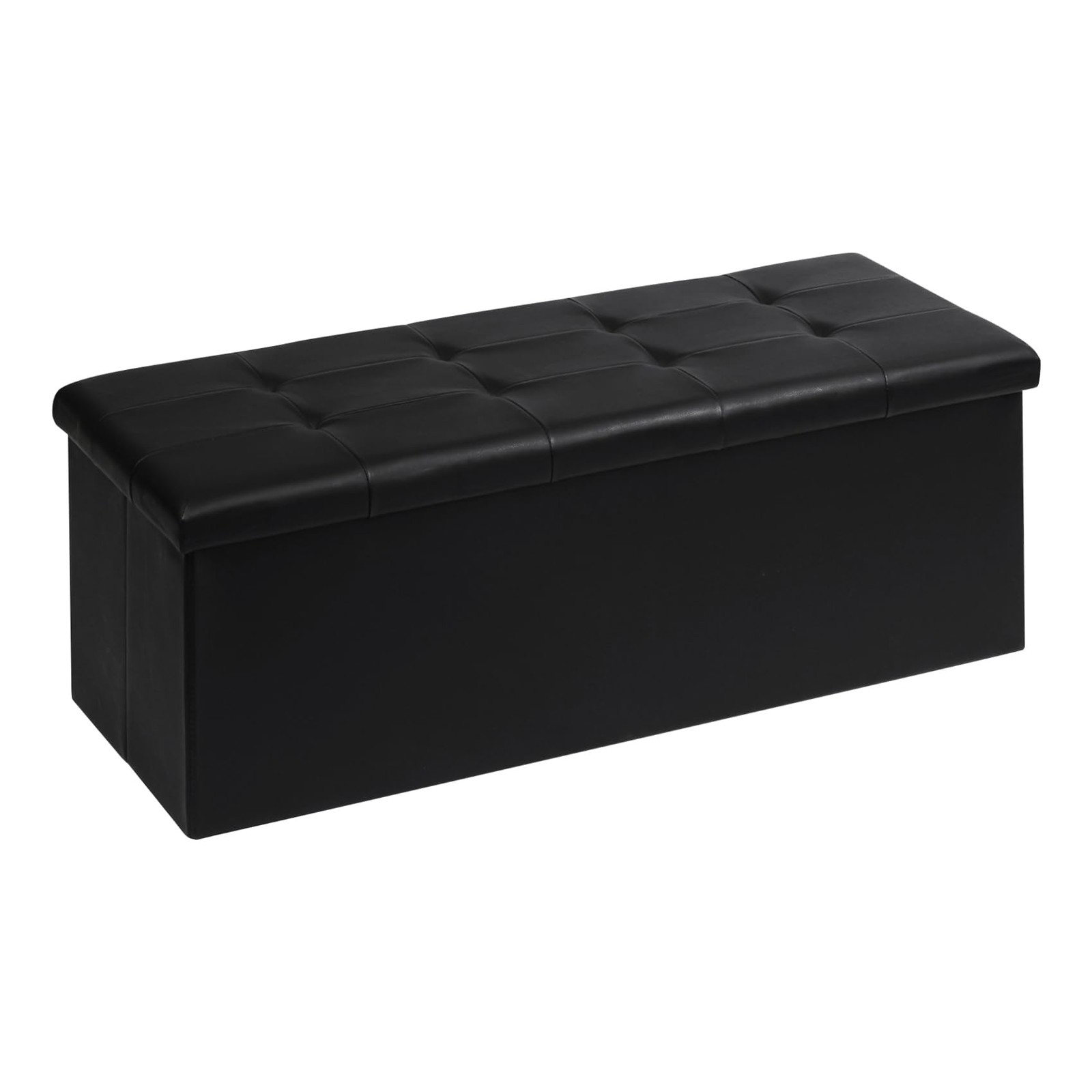 PINPLUS Folding Storage Ottoman Bench, Black Faux Leather Long Storage Chest wit