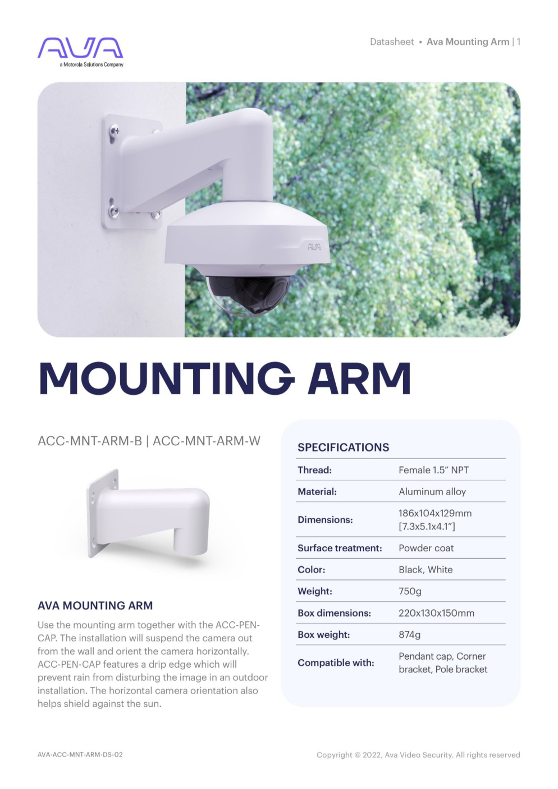 Avigilon ALTA / AVA ACC-MNT-ARM-W Security Camera Mounting Arm White