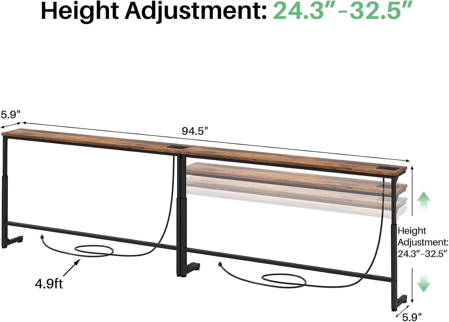94.5" Extra Long Behind Couch Table, Adjustable Height Narrow Console Table with