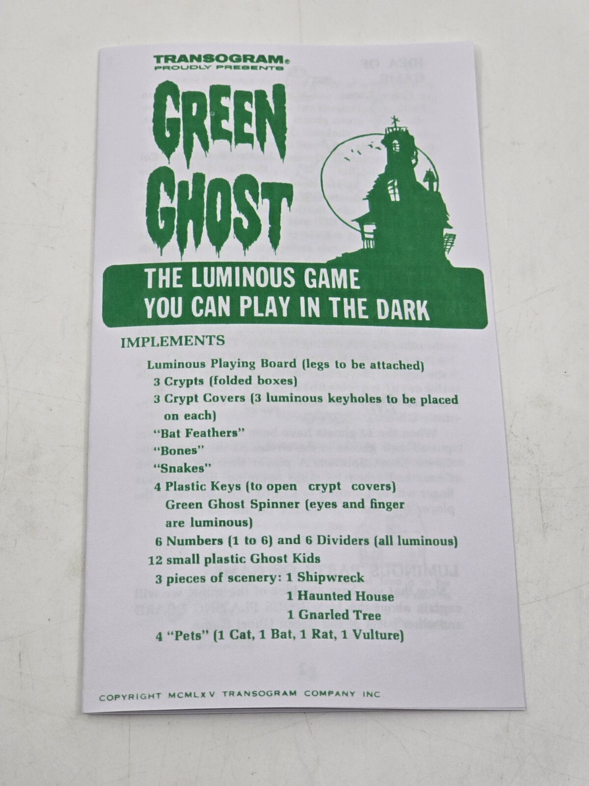 REPRODUCTION Replacement for VTG Green Ghost Game Instructions Printed