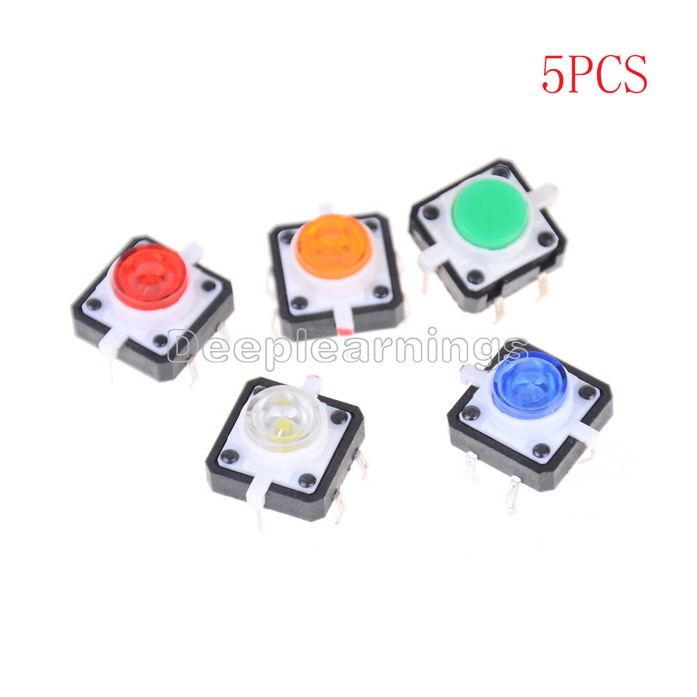5PCS NEW 12X12X7.3 Tactile Push Button Switch Momentary Tact LED 5 Color