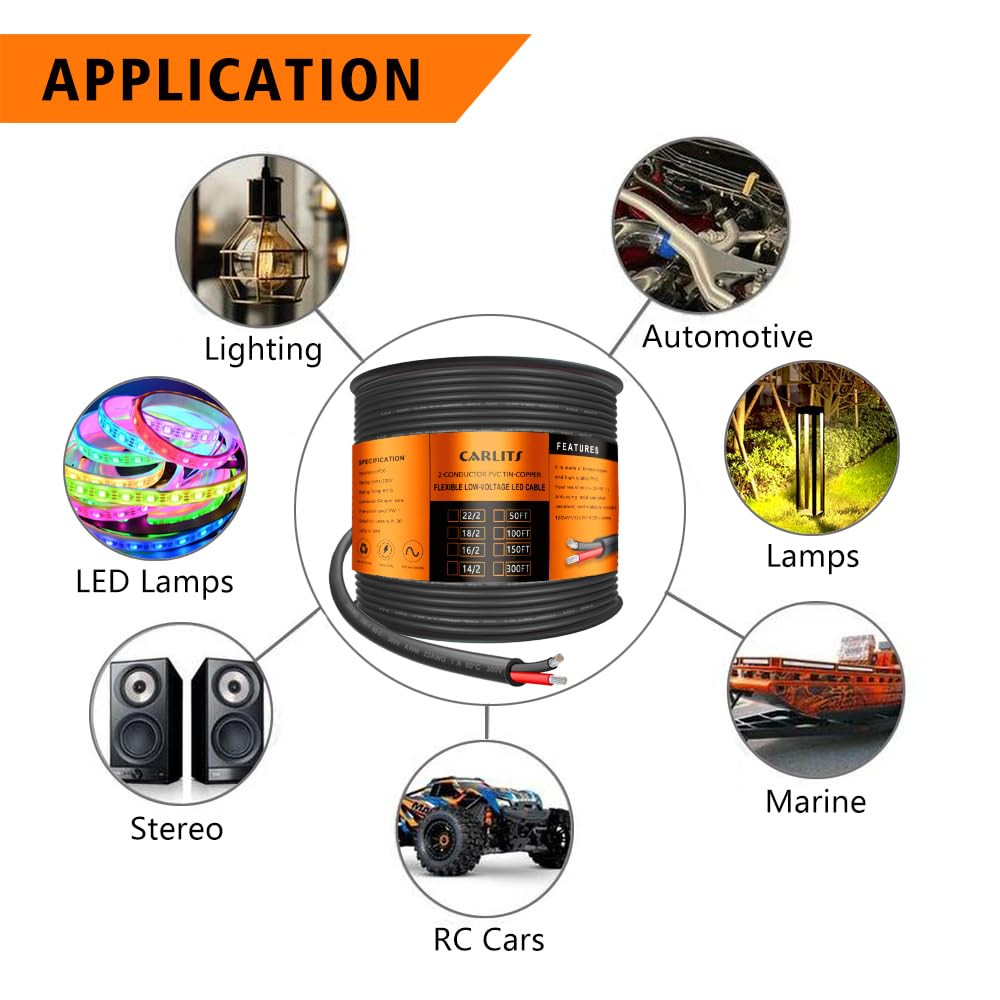 22 Gauge 2 Conductor Electrical Wire, 50FT Black Stranded Low Voltage 22/2 Cable